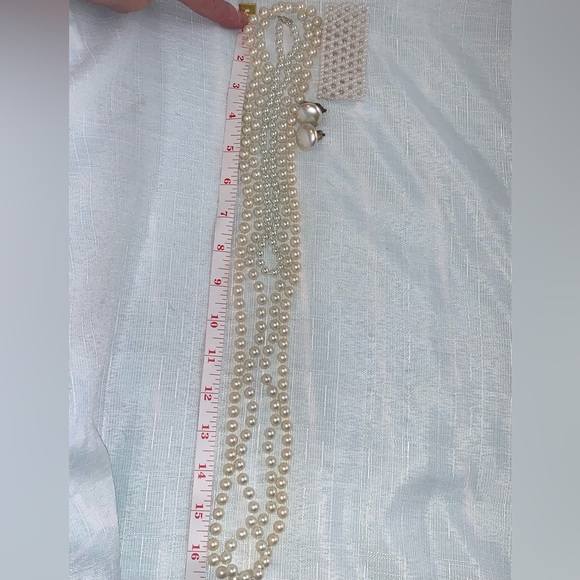 2 Long Pearl Strands Shorter Strand Bracelet Clip on Earrings Vintage Set - Picture 7 of 7
